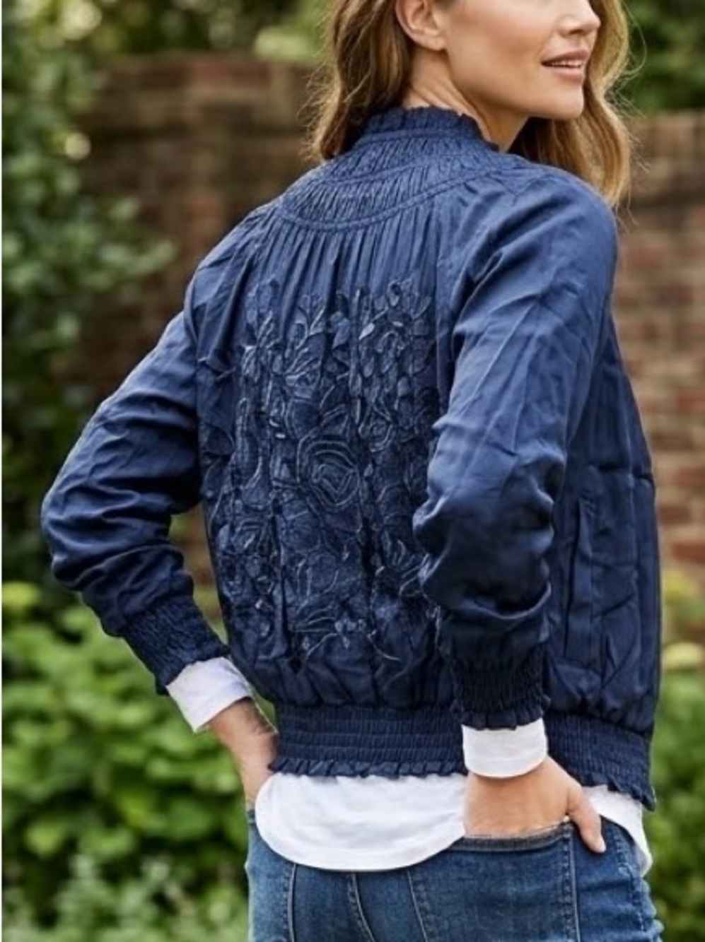 Love Sam Anthropologie Navy Silk Floral Embroidered Ruched Zip Jacket